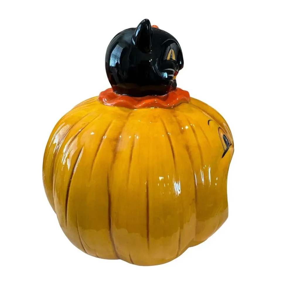 NEW Johanna Parker Halloween Ceramic Pumpkin Candy Bowl Black Cat Large Size